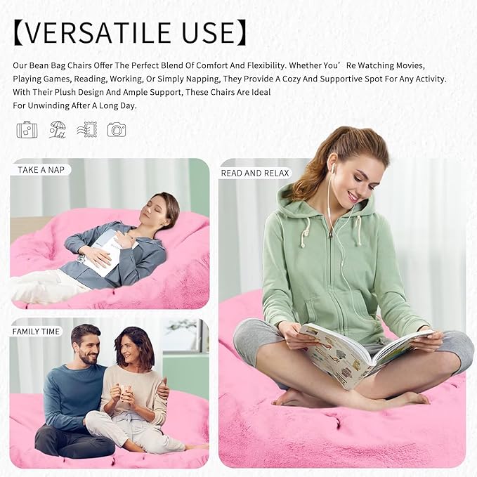 Bean Bag Chair for Adults 7FT,Soft Removable Cover for Teens/Girls Bedroom,Fluffy Giant Round Floor Beanbag Lounger Chairs (No Filler,Pink)
