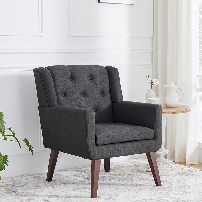 Accent Chair Button-Tufted Upholstered Living Room Chairs Comfy Reading Chair Mid Century Modern Chair with Linen Fabric Lounge Arm Chairs for Living Room Bedroom (Grey Set of 2)