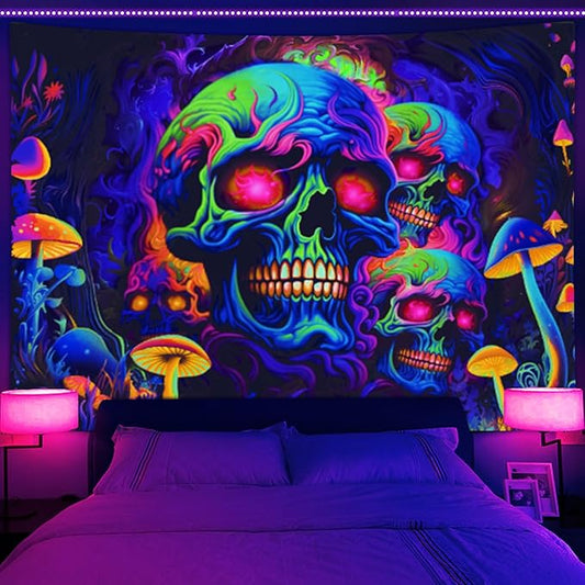 Skull Blacklight Tapestry, UV Reactive Skeleton Wall Art for Bedroom, Adults' Black Light Posters, Halloween Horror Glow in Dark Tapestry Aesthetic Living Room Dorm Decor 60x40IN
