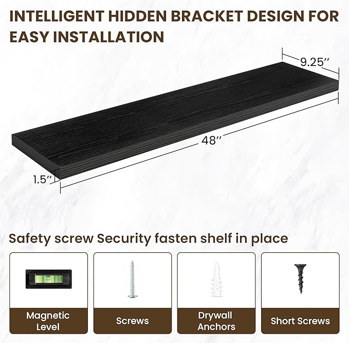 48 Inch Floating Shelves, 48"x9.25"x1.5" Inch Deep Floating Shelves for Wall, Wooden Shelves for Bathroom, Bedroom, Living Room, Black