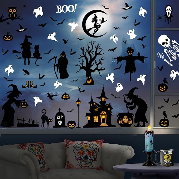 150 Pcs Halloween Window Clings Bats Witches with Cauldron Halloween Window Decoration | Large-Size Double-Side Skeletons Windo Clings Hallowee Party Decoration Reusable & Removable