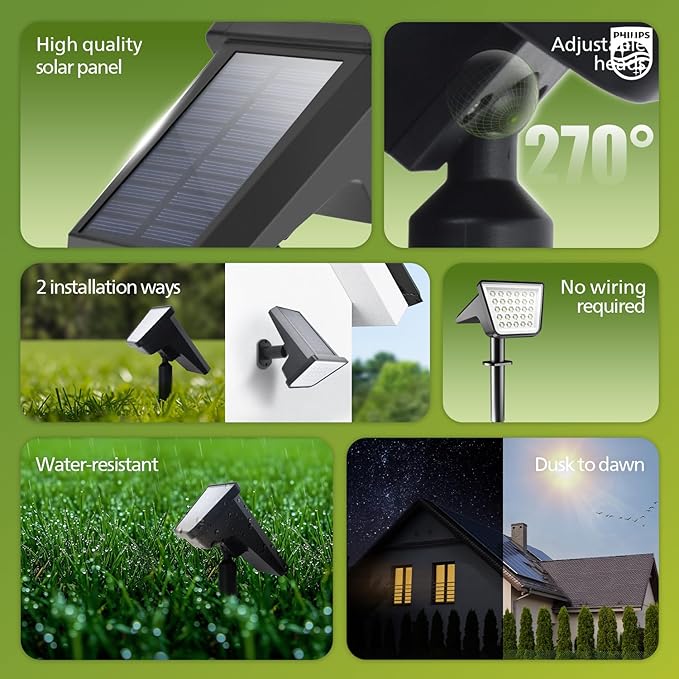 Philips 2 Packs Solar Spot Lights Outdoor Waterproof, 28 LED 7500K Solar Powered Landscape Pathway Lights, Dusk to Dawn Solar Spotlights for Garden, Yard, Lawn, Walkway, Driveway