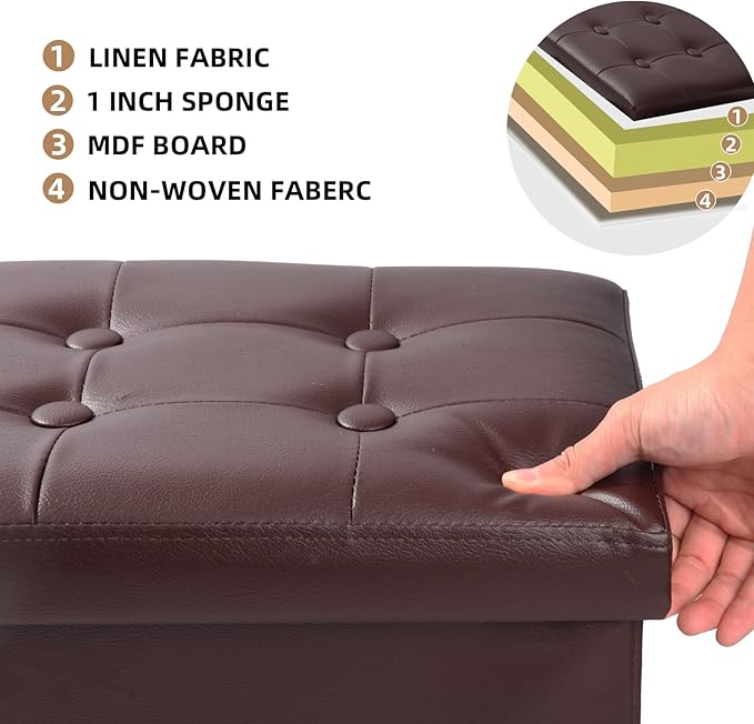 ALASDO Brown Leather Storage Ottoman Footrest Stool, 17x13x13inches, Modern Style