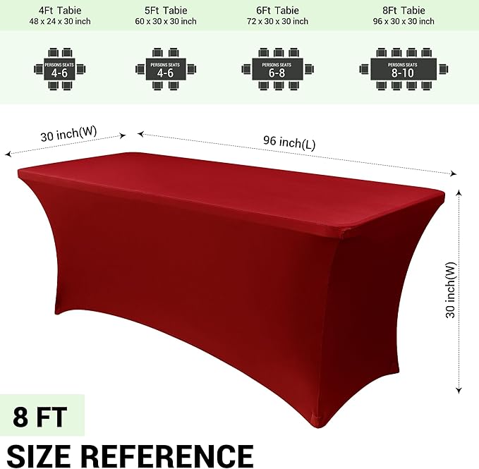 Obstal Spandex Table Cover 8ft Fitted Tablecloth Rectangular - Stretch Rectangle Folding Table Cloth for Birthday Party Wedding Banquet, Dark Red, 96L x 30W Inch