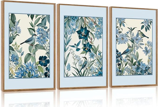 Aurlan Vintage Blue Birds and Botanical Framed Wall Art(24"x36"), 3PCS Classic Chinoiserie Audubon Bird Canvas Artwork, Large Abstract Watercolor Flowers Floral Home Decor for Bedroom Living Room