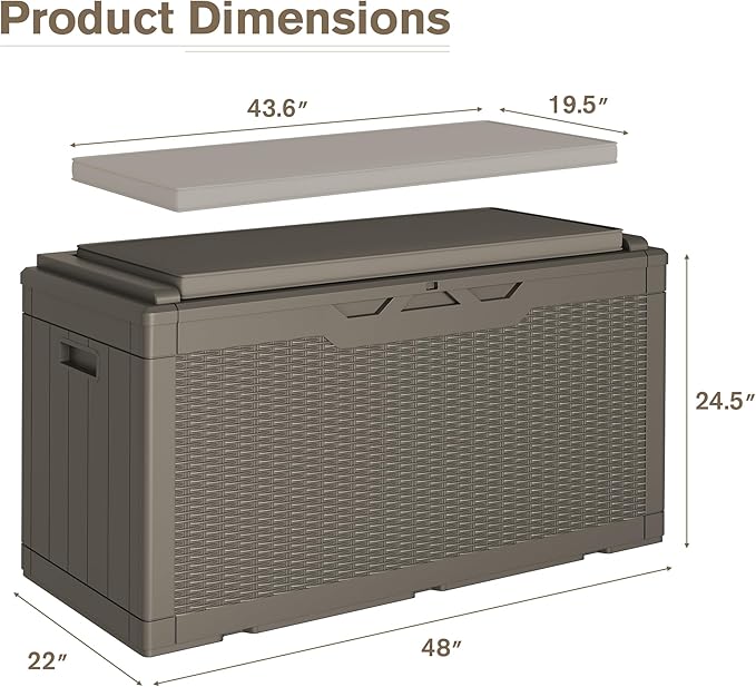 JUMMICO 100 Gallon Resin Deck Box with Cushion, Waterproof Outdoor Storage Box with Lockable Lid for Garden Tools, Patio Cushions (Light Brown)