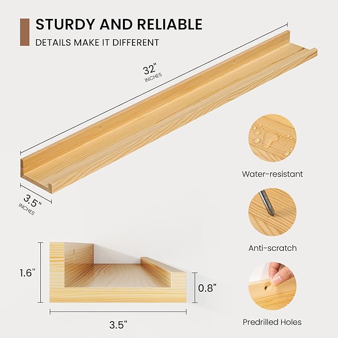 Picture Ledge Shelf, Solid Pine Wood Floating Shelves Set of 2, 32 Inches Nursery Book Shelves for Toys Storage, Kids Bookshelf Wall Mounted for Living Room Bedroom Decor Books Photo Frames, Natural