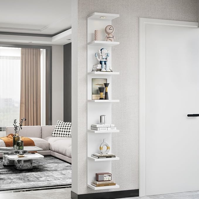 Versatile 7 Tier Shelf Unit 6.4Ft Lack Wall Shelf Unit with LED Floating Wall Shelf Unit Wall Mount Vertical Shelving for Storage Space Saving Organizer for Bedroom Living Room Office Display Decor