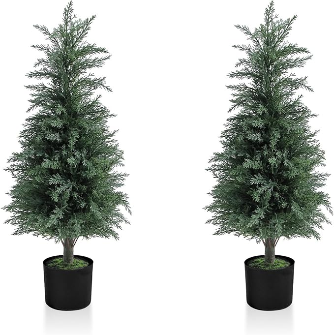 Artificial Cedar Topiary Trees 3FT Set of 2 Lifelike Faux Evergreen Cypress Bushes UV Resistant Outdoor Christmas Trees Realistic Potted Plants for Indoor Outdoor Decor