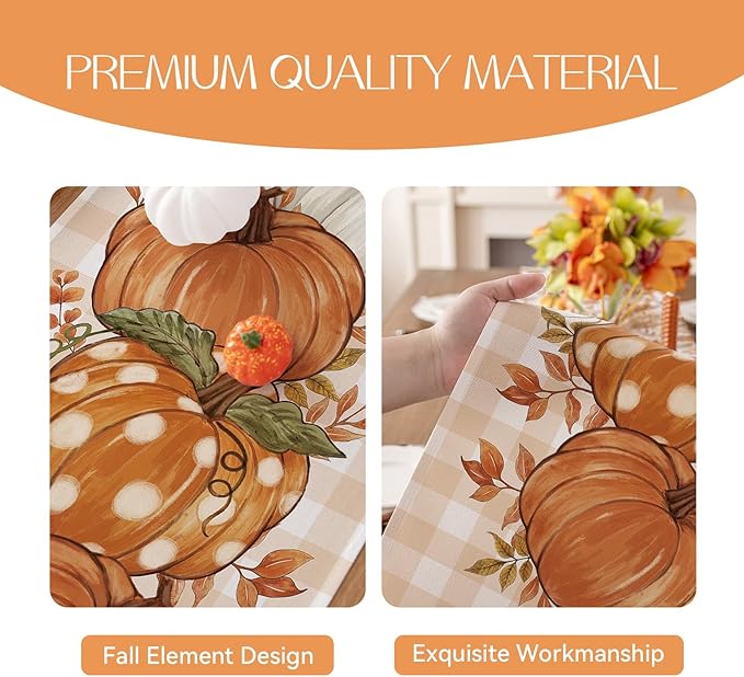 Romanstile Pumpkin Leaves Fall Table Runner, Buffalo Plaid Autumn Thanksgiving Harvest Farmhouse Style Table Decoration for Dining, Party, Holiday - 13x120 Inch, Orange