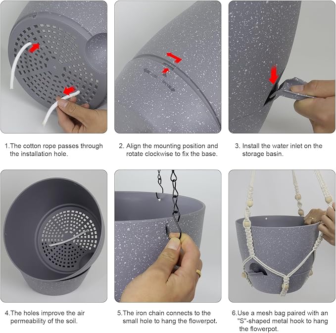 Self Watering Hanging Planters 10 inch, 2 Pack Hanging Flower Pots for Indoor Outdoor Plants, Hanging Baskets with Drainage Holes & 2 Kinds of Plant Hangers for Garden Decor, Speckled Grey