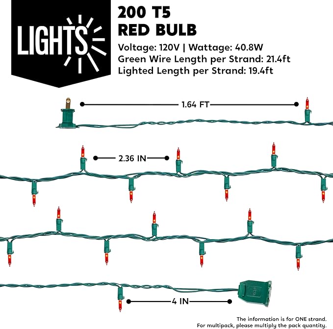 Joiedomi Red Christmas Lights Outdoor,42.8FT Christmas Tree Lights Outside,200(2x100) Count String Lights,Green Wire Xmas Lights for Decorations Indoor Holiday Theme Party Yard House