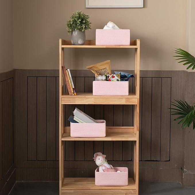 4 Pack Small Storage Shelf Baskets for Organizing, Mini Woven Rope Storage Bins for Towels, Cute Decorative Closet Organizer，Baby Nursery, Gift Empty Baskets -11.81''Lx7.87''Wx4.72''H-Pink