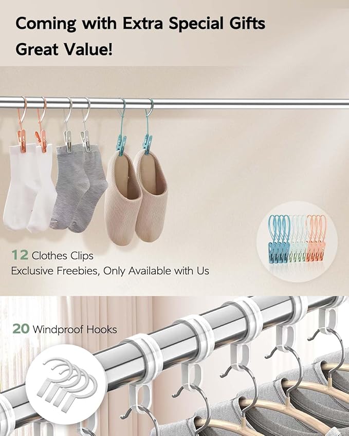 Clothes Drying Rack 79 Inches Folding Indoor Outdoor, Drying Rack Clothing Collapsible, Foldable Laundry Drying Rack, Heavy Duty Stainless Steel Clothesline, Garmet Rack, 20 Hooks 12 Clips