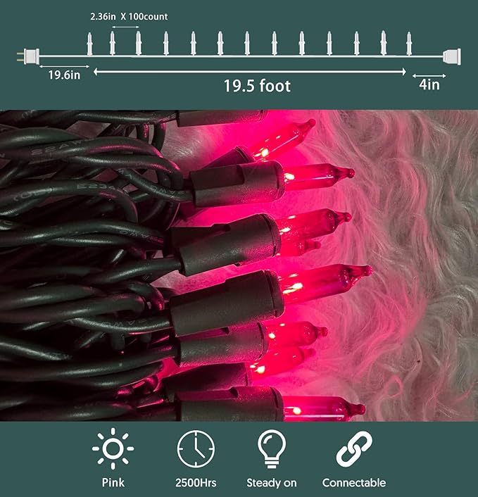 HISHINY Christmas Lights 100 Count Pink Christmas Tree String Lights with Green Wire for Outdoor Indoor Christmas Decorations Wedding Decorations Valentines Day Decor,UL Certified (21feet)
