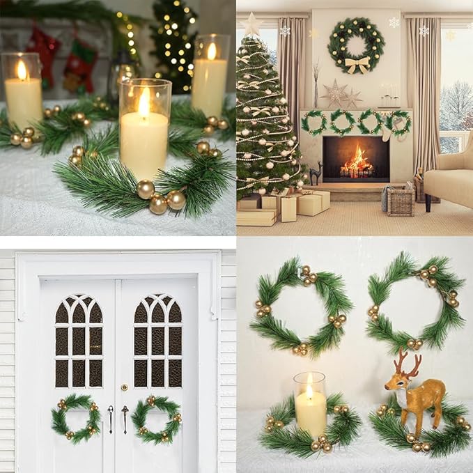 4pcs Christmas Candle Rings Wreaths Artificial Golden Berries Greenery Pine Needles Garland Christmas Wreath Candle Rings Holder for Wedding Christmas Table Centerpiece Home Dinner Table Decor