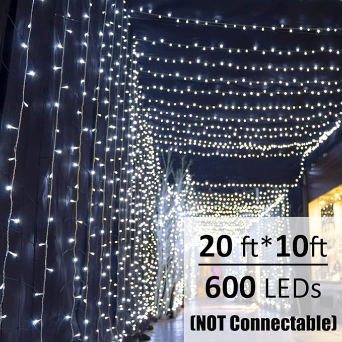 Solhice LED Curtain Lights Outdoor 20ft x10ft Cool White, 600 LED String Lights Backdrop Indoor Plug in, Twinkle Lights for Outside Backyard Wedding Bedroom Décor (Not Connectable)