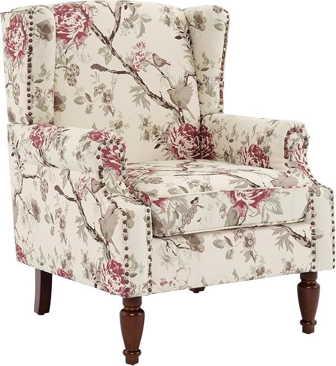 UIXE High Back Accent Chair, Wingback Upholstered Armchair in Fabric for Living Room, Retro Arm Chairs Nailhead Trim Single Sofa Bedroom Reading Seat with Solid Wood Legs - Beige Floral
