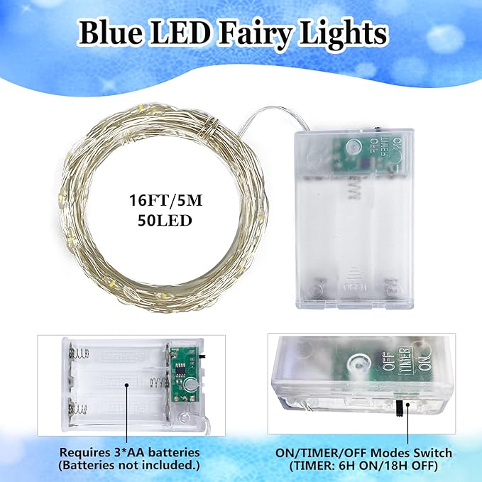 4-Pack 50 LED Christmas Fairy Lights Battery Operated with Timer, 16FT Waterproof Starry String Lights Outdoor Indoor Cuttable Fairy Lights for Bedroom Home Wedding Party Christmas Decoration (Blue)