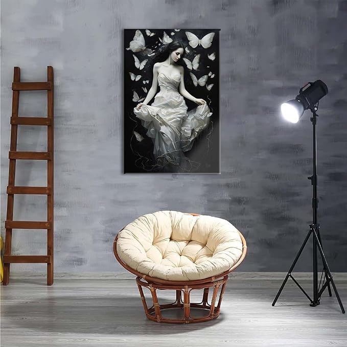 Vintage Gothic Feminine Canvas Wall Art Print Butterfly Poster Moody Preppy Wall Art Dark College Decor for Home Bedroom16x24in Wood Framed
