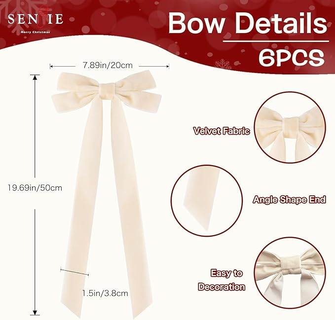 Senjie Velvet Large Christmas Bows for Staircase Garland Wreath, 20in x 8in Vintage Ribbon Bows with Twist Tie for Xmas Tree Holiday Indoor Outdoor Decorations (6Pcs, Beige)