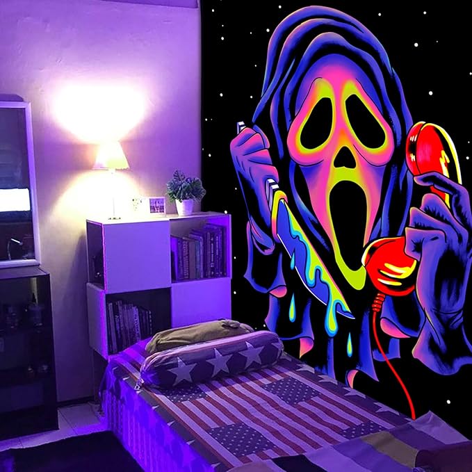 SparkLia Blacklight Horror Skull Tapestry, UV Reactive Neon Scary Face Wall Hanging, Glow in the Dark Spooky Decor for Bedroom, Gaming Room & Party - 51 x 59 inches