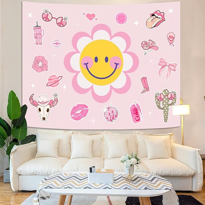 Lunerfex Y2K Tapestry Pink Sun Wall Tapestry, Cute Tapestries for Bedroom Funny Tapestries Wall Hanging for Bedroom Living Room Decor Pink-7 44"x60"