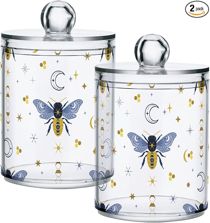 2 Pack Qtip Holder Organizer Dispenser Bee Boho Honeybee Insect Bathroom Storage Canister Cotton Ball Holder Container for Cotton Pads/Swabs/Floss