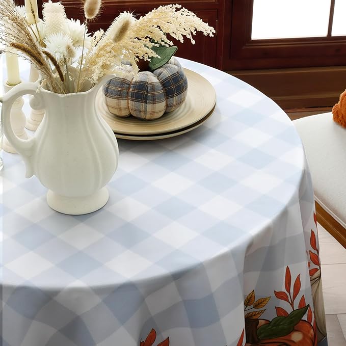 Romanstile Fall Round Tablecloth, Thanksgiving Autumn Harvest Pumpkin Buffalo Plaid Table Cloth, Stain Resistant Washable Table Cover for Party/Dining/Holiday- Grey Blue Checkered, 60 Inch