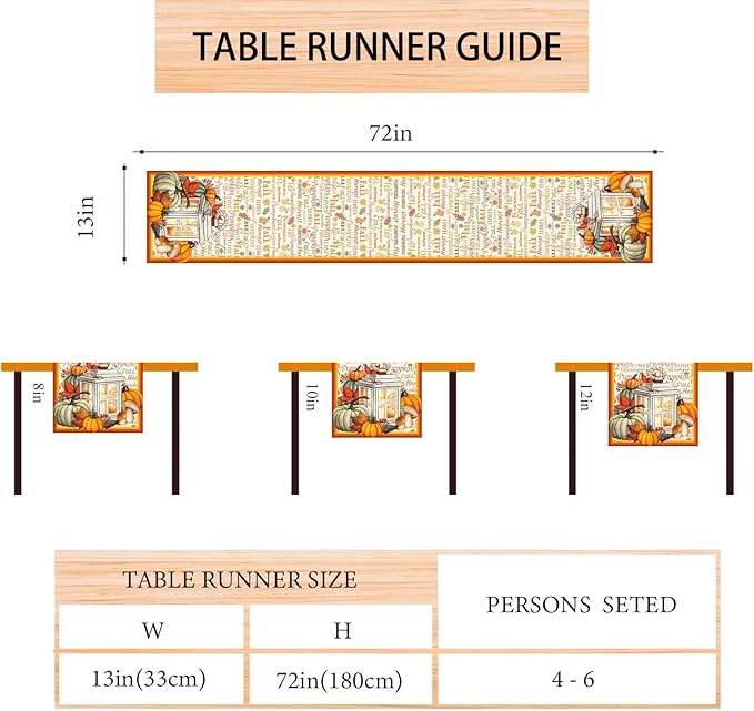 Linen Fall Table Runner - 72 Inch Farmhouse Leaves Pumpkin Table Decor Autumn Thanksgiving Home Kitchen Dining Room Decorations
