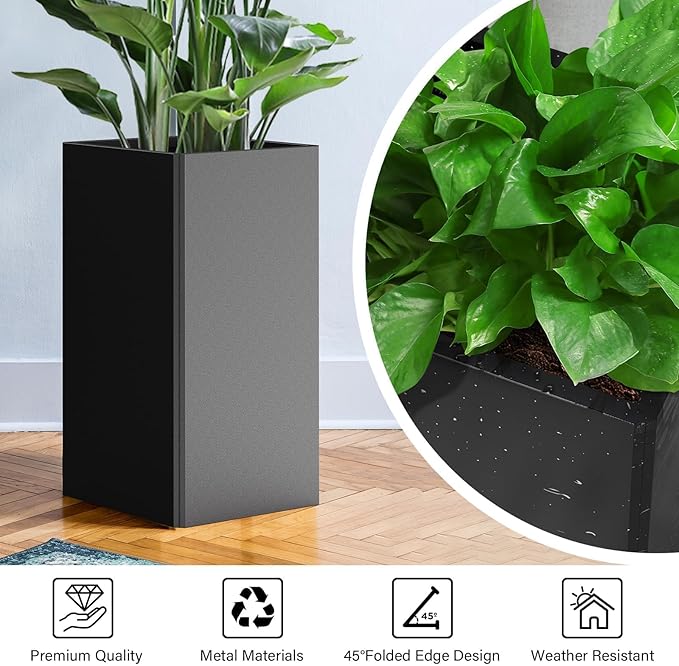 Tall Planters 26 Inch Square Metal Plant Pot with Removable Insert Shelf and Drainage-Modern Tall Black Planters for Indoor & Outdoor-Front Porch,Patio,Garden (14" L X 26" H)