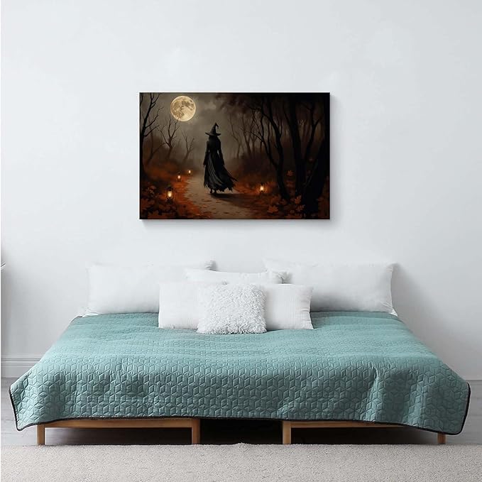 JFHCQJPK Moonlight witch poster dim lantern Halloween decoration Gothic style dark retro college style canvas wall art suitable for living room bedroom32x48in Frameless