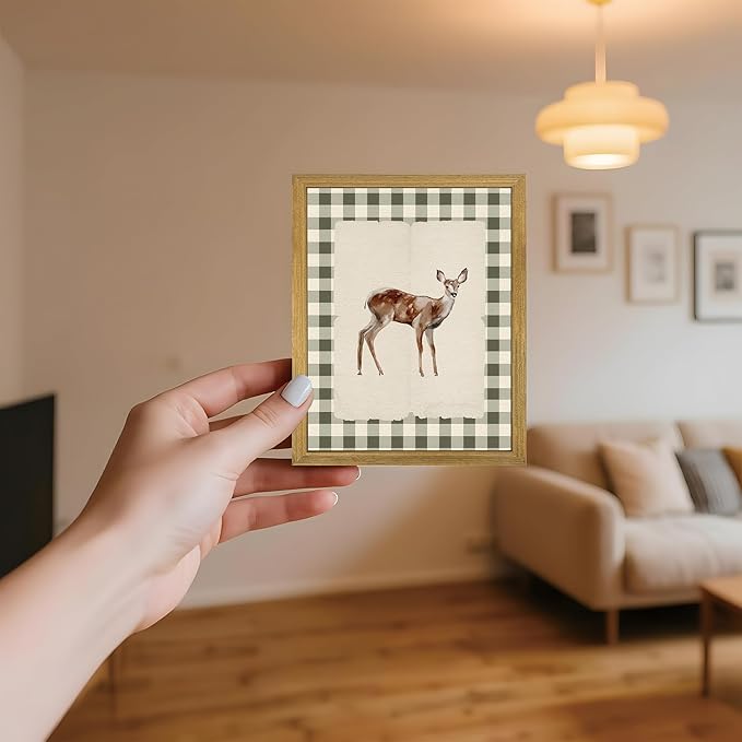 Wood Framed Deer Wall Art Print, Woodland Baby Deer Canvas Poster Wall Decor, Vintage Rustic Green Gingham Farmhouse Animal Picture for Living Room Kitchen Bedroom Nursery Decor, 8x10 inch