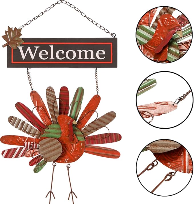 Ogrmar Vintage Metal Thanksgiving Turkey Wall Hanging Decoration Welcome Sign Front Door Ornament Festive Whimsical Halloween Christmas Decor