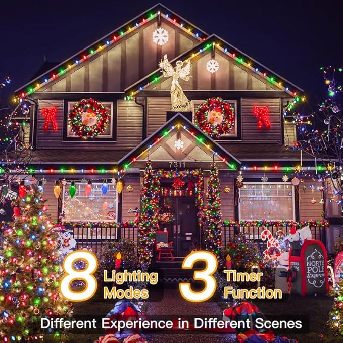 Ollny Christmas Lights, 198 FT 600 LED Outdoor Waterproof Plug in Christmas Tree Lights with 8 Modes Remote Timer, String Lights for House Yard Outside Indoor Xmas Decorations Multicolor