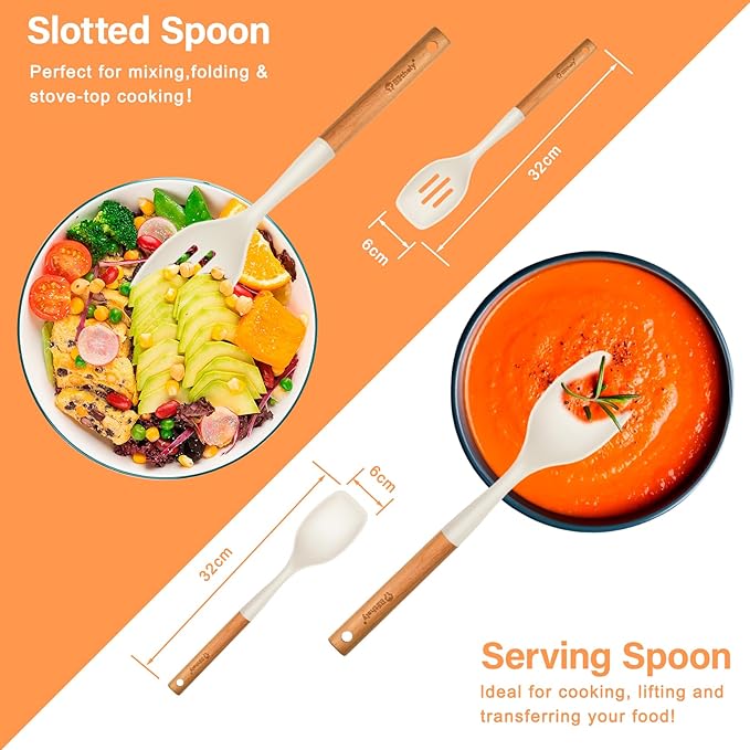 Large Silicone Cooking Spoon Set, 2 Pack Solid Slotted Spoon with Wooden Handle, Nonstick Silicone Kitchen Spoons for Cooking, Heat Resistan Spatula Set for Serving, Basting, Mixing (White)