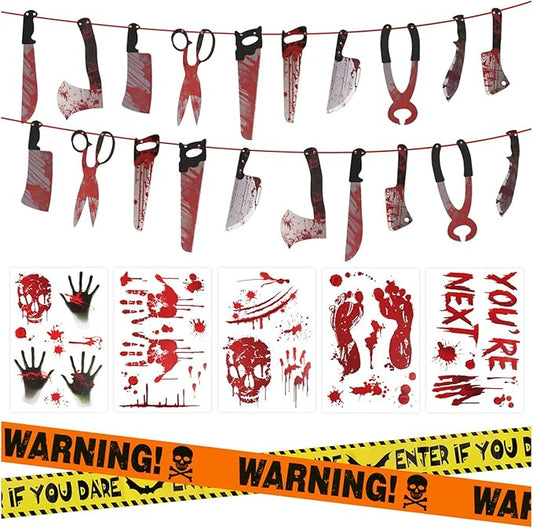 Halloween Decorations, 5 Sheets Wall Decals-Bloody Handprint Stickers, 2 Pack Halloween Banners and 2 PCS Caution Tape Rolls 3inx30ft for Party Decor, Outdoor, Indoor, Haunted Mansion