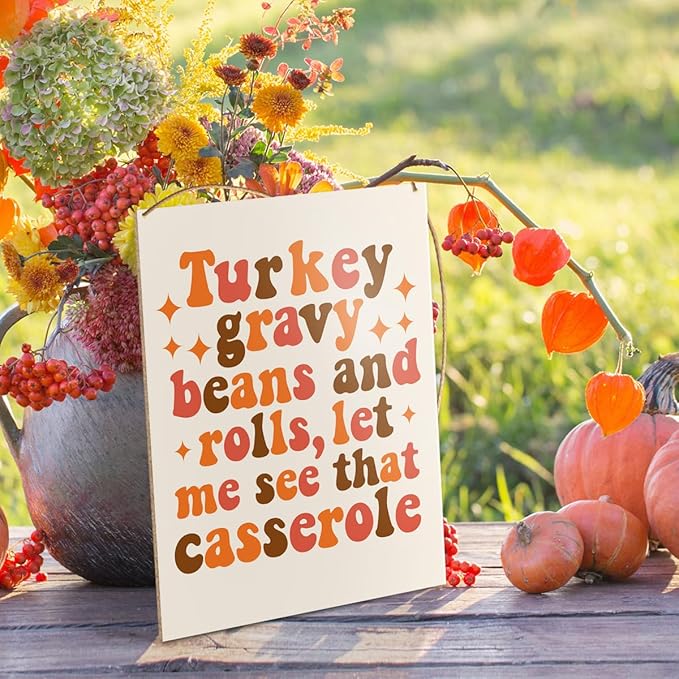 UDNADKEX Thanksgiving Decorations Hanging Sign, Autumn Fall Decor Wooden Wall Sign Thanksgiving Decorations, Turkey Gravy Beans and Rolls