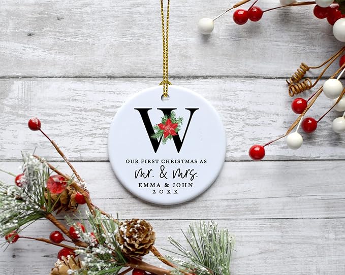 Andaz Press Personalized Our First Christmas As Mr. & Mrs. 2025 Christmas Ornaments Monogram Poinsettia 2.8" Round Porcelain Ceramic 1st Year Married Custom Ornament Keepsake for Newlyweds 1-Pack