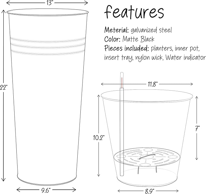 KOL 22''H 2-Pack Planter with Water Level Indicator - Galvanized Steel Pot - Self Watering Planters Flower Pot for Plant - Inner Pot Design - Round Metal Planter Box - Indoor Outdoor Planting - Black