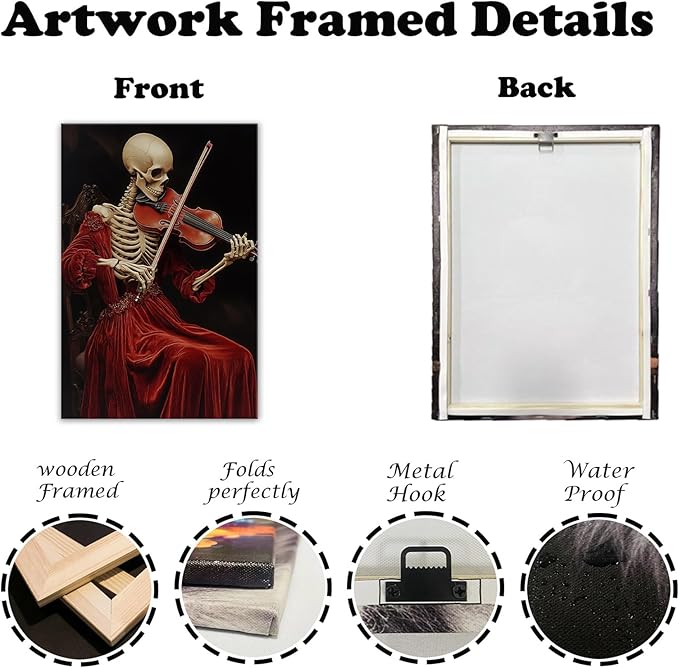 OAAPITI Gothic Skull Violinist Wall Art Macabre Musician Canvas Print Edgy Dark Art Vintage Halloween Decoration for Living Room Bedroom Home Wall Decor(Artwork-9,16"x24")