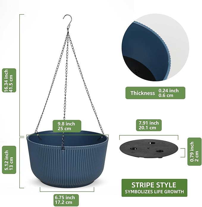 Dexceder 9.8 Inch Self Watering Hanging Planters Indoor Outdoor, Thickened Hanging Basket Flower Plant Pot (2 Pack, Deep Blue)