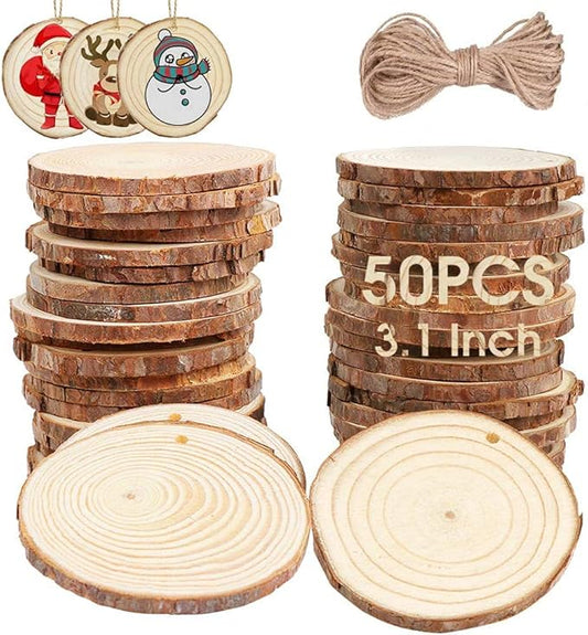 AerWo Natural Wood Slices Christmas Ornaments, 50 Pcs 2.7-3.1 Inches Small Wood Slices with Holes, Round Plain Wooden Circle Ornaments Blanks for DIY Crafts Unfinished Xmas Wooden Ornament