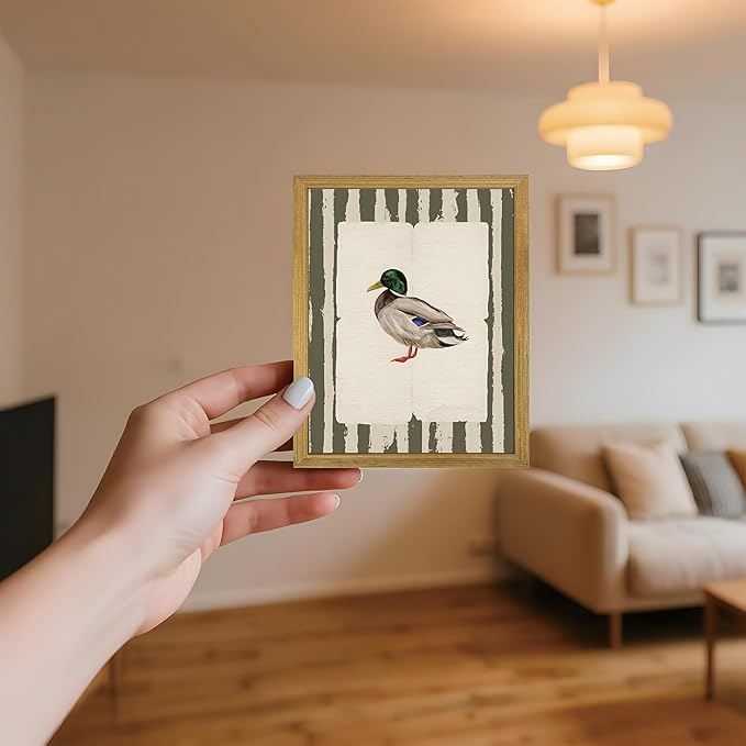 Vintage Framed Duck Wall Art Print, Rustic Mallard Bird Illustration Canvas Poster, Cottagecore Animal Artwork, Farmhouse Nature Wall Decor for Living Room Kitchen Bathroom Bedroom 8x10 inch