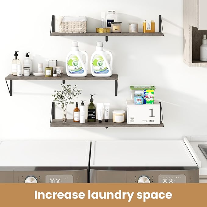 Heimlove 36 Inch Floating Bookshelves Set of 3,Wall Bookshelf Heavy Duty Wall Mounted Bookshelves for Living Room,Bedroom,Kitchen,Laundry Room Storage & Decor,Silver Grey