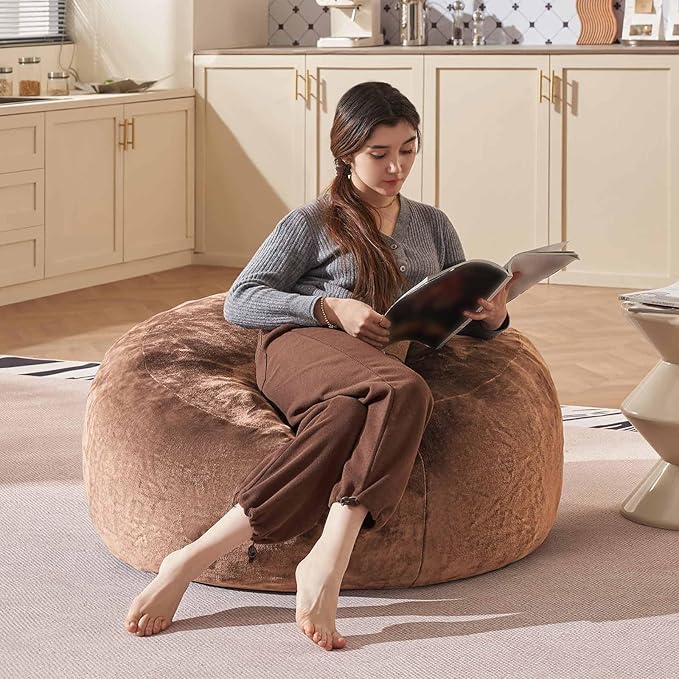 Bean Bag Chair 3Ft, Memory Foam Filled, Large Beanbag Chairs for Adults and Teens, Soft Sofa with Removable Flannel Cover, Round Couch for Living Room Bedroom College Dorm (Coffee, 3FT-36×36"×24")
