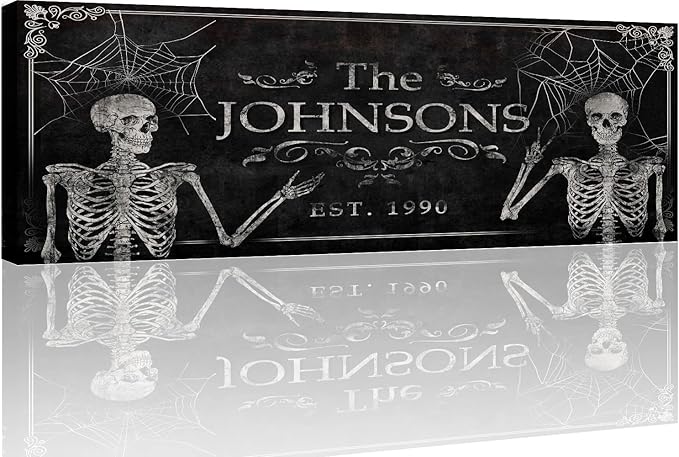 Tailored Canvases Gothic Family Wall Decor - Personalized Grunge Vintage Skeleton Room Decor for Home, Halloween Lovers, Men & Women for Bedroom, Living Room - Custom Couple Name, White Print, 48"x16"