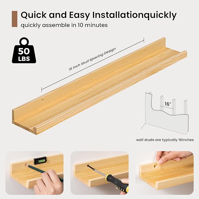 Picture Ledge Shelf, Solid Pine Wood Floating Shelves Set of 2, 24 Inches Nursery Book Shelves for Toys Storage, Kids Bookshelf Wall Mounted for Living Room Bedroom Decor Books Photo Frames, Natural