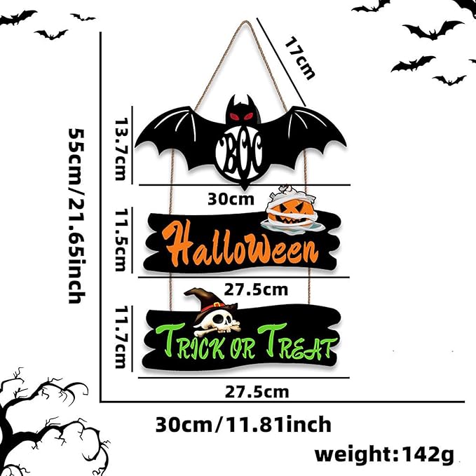 Halloween Door Hanging Sign Decoration 3 Pieces Wooden Plaques Wall Art with Bat Pumpkin Skull Pattern Trick or Treat Wooden Plaques for Yard Front Door Home Outdoor Hanger
