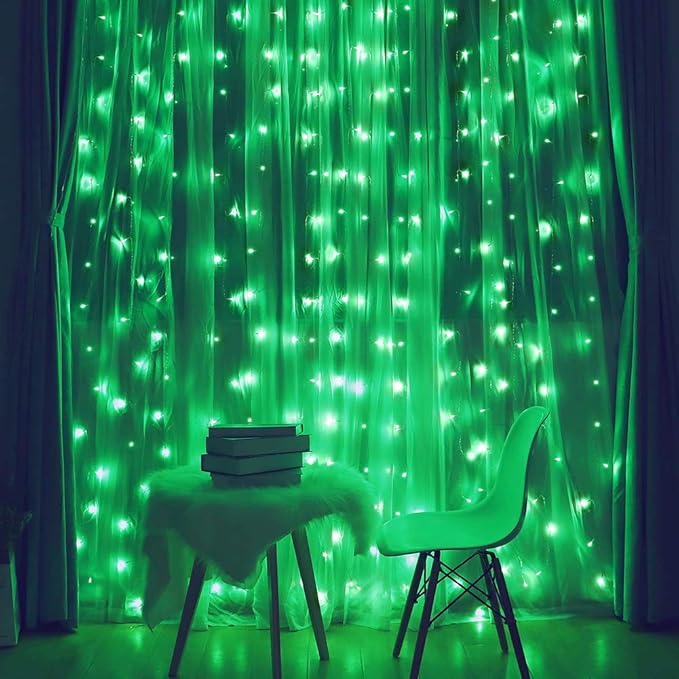 HEYFUNi Fiee Curtain Lights,304L 9.8ftX9.8ft 30V 8Modes Safety Window Lights with Memory for Home Wedding Christmas Party Patio Lawn Garden Bedroom Outdoor Indoor Wall Decorations (304LED, Green)